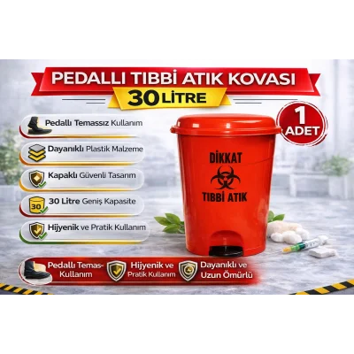 BUĞZ Pedallı Tıbbi Atık Kovası 30 Litre 1 Adet Kapaklı Pedallı Enfekte Atık Kovası