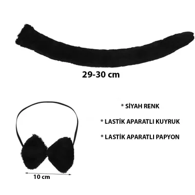  Peluş Siyah Renk Kuyruk ve Papyon Yetişkin Çocuk Uyumlu