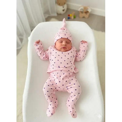 BUĞZ Pembe Desenli Nakışlı Kız Bebek 5li Hastane Çıkışı Seti - %100 Pamuk Yenidoğan Zıbın Takımı