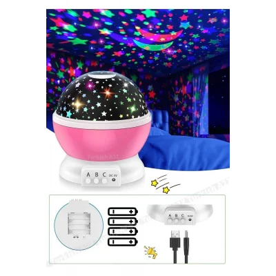 BUĞZ Pembe Dönen Renkli Ay Yıldızlı Gökyüzü Yansıtmalı Projeksiyon Gece Lambası Çocuk Bebek Parti Odası