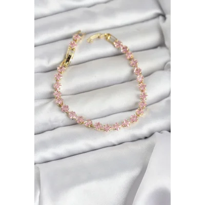 BUĞZ Pembe Kare Zirkon Taşlı Gold Renk Pirinç Su Yolu Kadın Bileklik