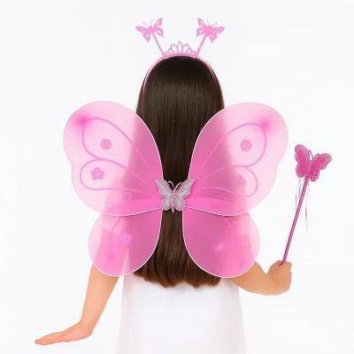 BUĞZ Pembe Kelebek Kız Seti – 50 cm Kelebek Kanadı, Taç ve Asa