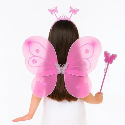  Pembe Kelebek Kız Seti – 50 cm Kelebek Kanadı, Taç ve Asa