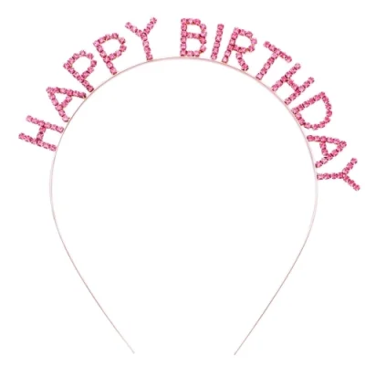  Pembe Kristal Taşlı Gold Happy Birthday Taçı