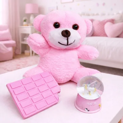 BUĞZ Pembe Peluş Ayıcık, Kar Küresi Ve Pembe Çikolata Not Defteri Hediye Seti