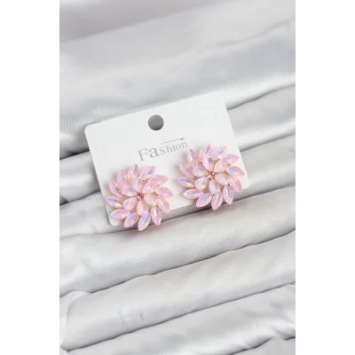 BUĞZ Pembe Renk Kristal Taşlı Çiçek Model Kadın Küpe