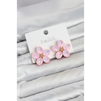 BUĞZ Pembe Renk Kristal Taşlı Çiçek Model Kadın Küpe