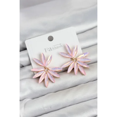 BUĞZ Pembe Renk Kristal Taşlı Lotus Model Kadın Küpe