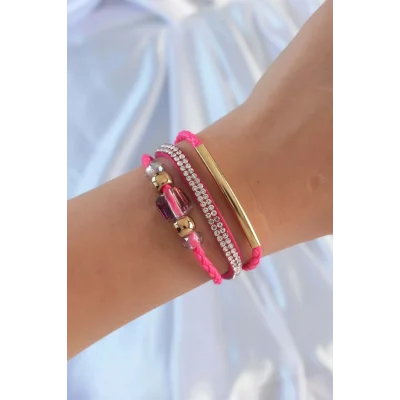 BUĞZ Pembe Renk Zirkon Taşlı Deri Çoklu Bileklik