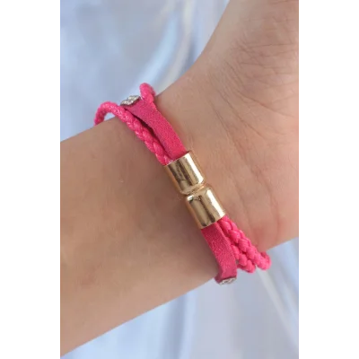 BUĞZ Pembe Renk Zirkon Taşlı Deri Çoklu Bileklik - Lisinya