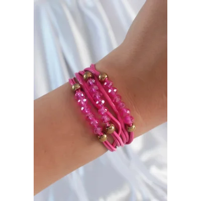 BUĞZ Pembe Renk Zirkon Taşlı İpli Çoklu Bileklik
