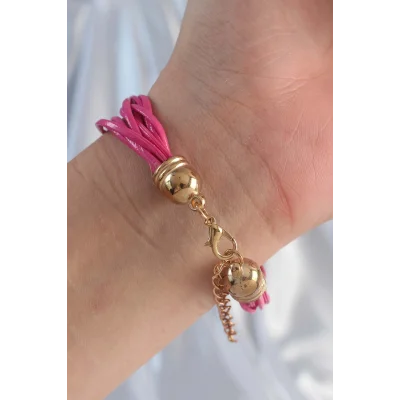 BUĞZ Pembe Renk Zirkon Taşlı İpli Çoklu Bileklik - Lisinya