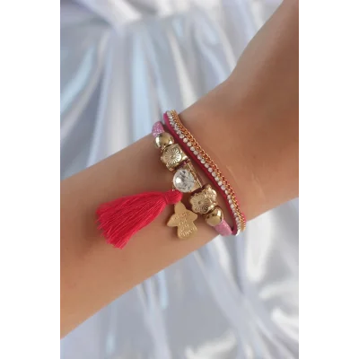 BUĞZ Pembe Renk Zirkon Taşlı Püskül Detay Deri Çoklu Bileklik