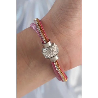 BUĞZ Pembe Renk Zirkon Taşlı Püskül Detay Deri Çoklu Bileklik - Lisinya