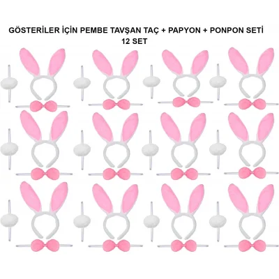 BUĞZ Pembe Tavşan Kostüm Seti – Taç, Papyon, Ponpon (12’li Paket)