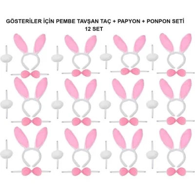  Pembe Tavşan Kostüm Seti – Taç, Papyon, Ponpon (12’li Paket)