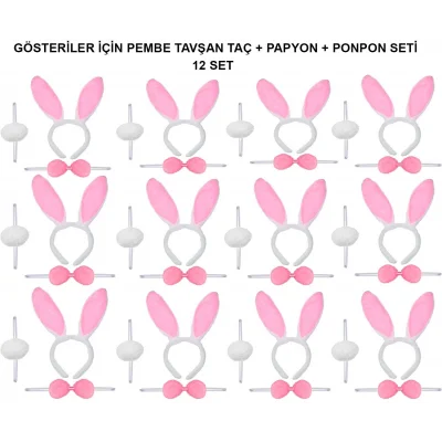  Pembe Tavşan Kostüm Seti – Taç, Papyon, Ponpon (12’li Paket)