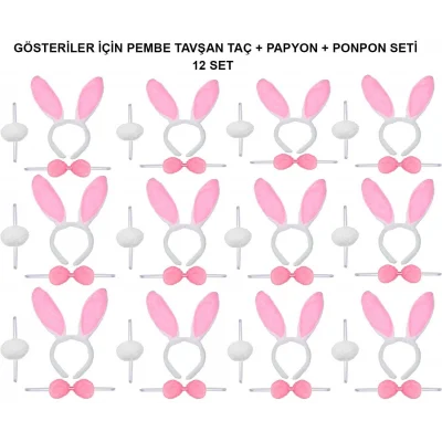 BUĞZ Pembe Tavşan Kostüm Seti – Taç, Papyon, Ponpon (12’li Paket)