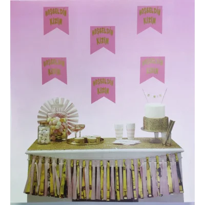 BUĞZ Pembe Üzeri Altın Hoşgeldin Kızım Flama Süs