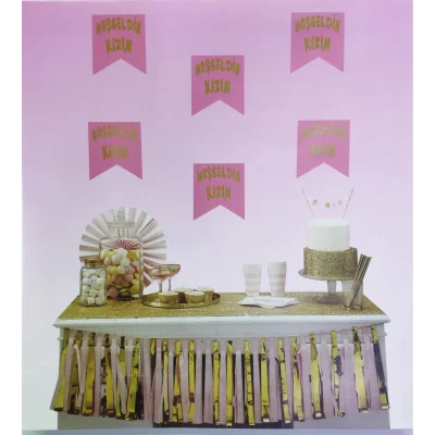 BUĞZ Pembe Üzeri Altın Hoşgeldin Kızım Flama Süs