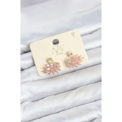 BUĞZ Pembe Zirkon Taşlı Gold Swan Kuğu Model Kadın Küpe