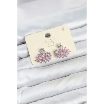 BUĞZ Pembe Zirkon Taşlı Gümüş Swan Kuğu Model Kadın Küpe