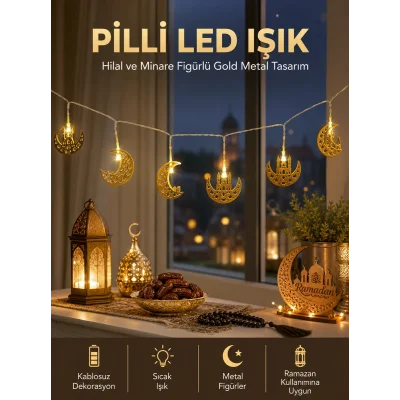 BUĞZ Pilli Minareli Hilal LED Işık Gold Metal Ramazan Dekorasyonu