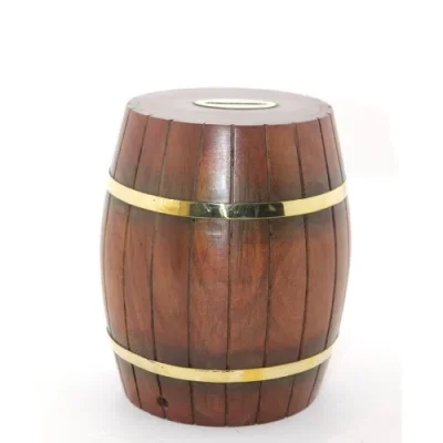  Pirinç Ahşap Fıçı Kumbara 18 Cm