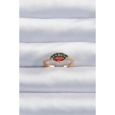 BUĞZ Pirinç Altın Renk Renkli Zirkon Taşlı Ayarlanabilir Karpuz Model Yüzük