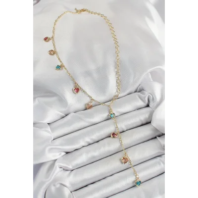 BUĞZ Pirinç Asorti Kalp Model Gold Renk Zirkon Taşlı Y Kolye - BUĞZ