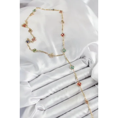 BUĞZ Pirinç Asorti Kalpli Yonca Model Gold Renk Zirkon Taşlı Y Kolye - BUĞZ