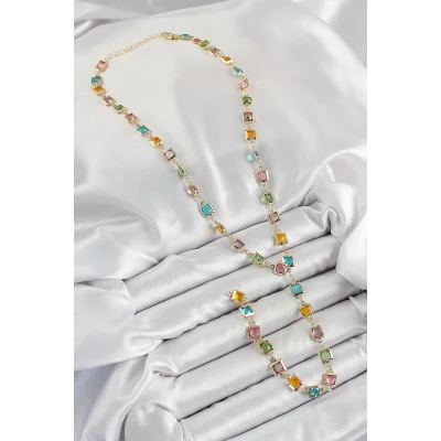 BUĞZ Pirinç Asorti Kare Model Gold Renk Zirkon Taşlı Y Kolye - BUĞZ