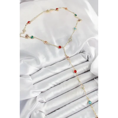 BUĞZ Pirinç Asorti Model Gold Renk Zirkon Taşlı Y Kolye - BUĞZ