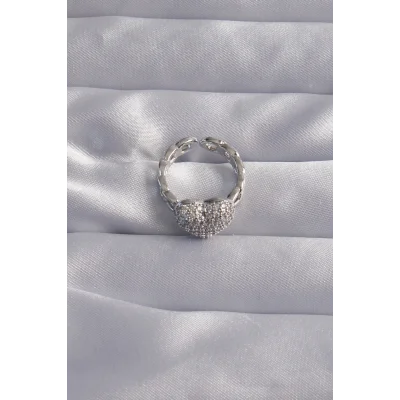 BUĞZ Pirinç Ayarlamalı Gümüş Renk Zirkon Taşlı Bombeli Kalp Yüzük - Lisinya