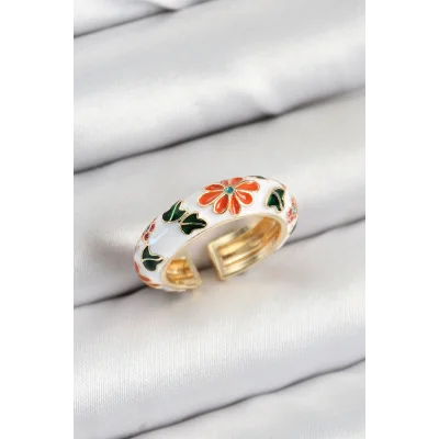 BUĞZ Pirinç Beyaz Mineli Çiçek Motifli Gold Renk Ayarlanabilir Kadın Yüzük