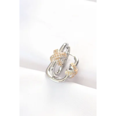 BUĞZ Pirinç Çift Renk Taşlı X Tasarımlı Dikdörtgen Küpe - Lisinya