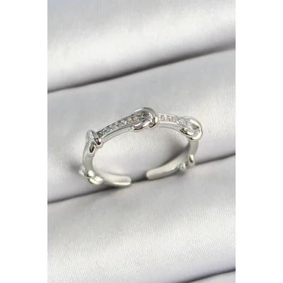 BUĞZ Pirinç Düğüm Figürlü Zirkon Taşlı Gümüş Renk Ayarlanabilir Kadın Yüzük