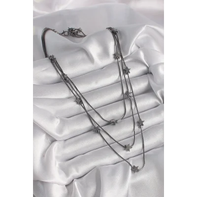 BUĞZ Pirinç Füme Renk 3Lü Yıldız Model Kadın Kolye - Lisinya