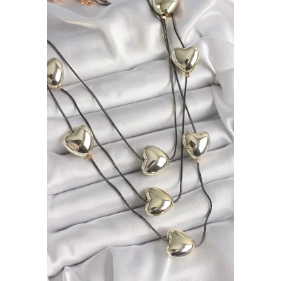 BUĞZ Pirinç Füme Renk Zincir 3D Gold Renk Kalp Model Kadın Kolye