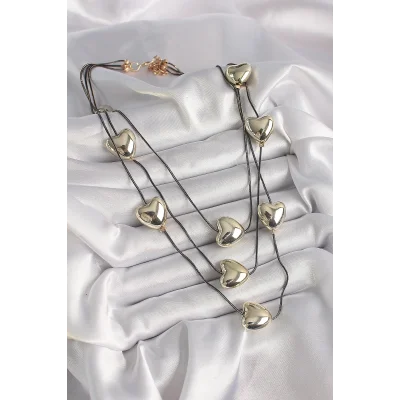 BUĞZ Pirinç Füme Renk Zincir 3D Gold Renk Kalp Model Kadın Kolye - Lisinya