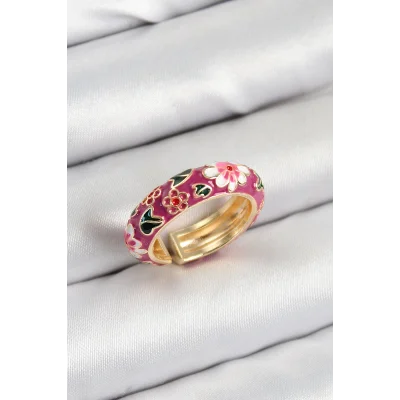 BUĞZ Pirinç Fuşya Mineli Çiçek Motifli Gold Renk Ayarlanabilir Kadın Yüzük