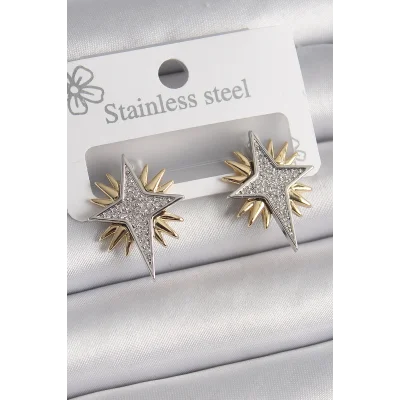 BUĞZ Pirinç Gold Gümüş Renk Zirkon Taşlı Kutup Yılıdız Model Kadın Küpe