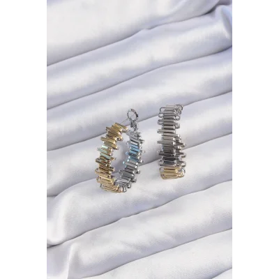 BUĞZ Pirinç Gold Gümüş Renkli Tırtıklı Halka Küpe