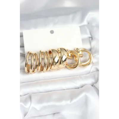 BUĞZ Pirinç Gold Renk 3 Çift Vintage Kadın Küpe Seti