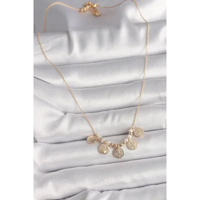 BUĞZ Pirinç Gold Renk 5Li Osmanlı Tuğra Figür İnci Detay Kadın Kolye - BUĞZ