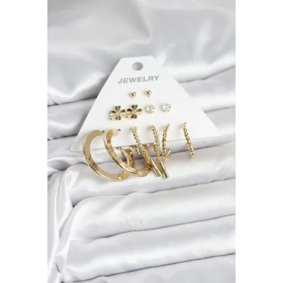 BUĞZ Pirinç Gold Renk 6 Çift Kadın Küpe Seti