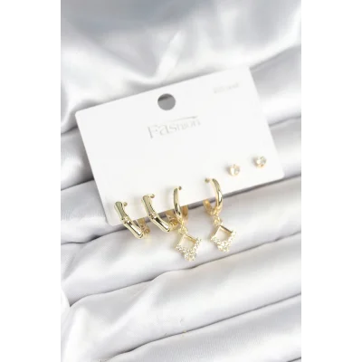 BUĞZ Pirinç Gold Renk 925 Ayar Gümüş Çivili Kadın Küpe Seti