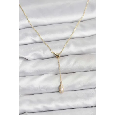 BUĞZ Pirinç Gold Renk Asansörlü Damla Model Kadın Kolye