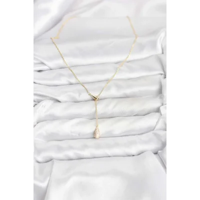 BUĞZ Pirinç Gold Renk Asansörlü Damla Model Kadın Kolye - Lisinya