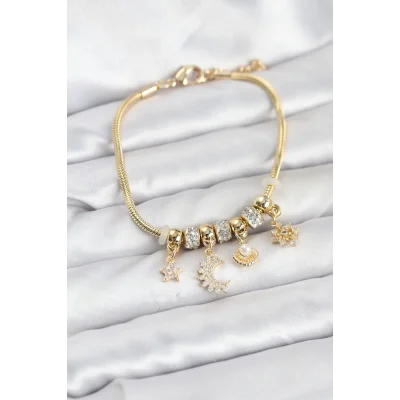 BUĞZ Pirinç Gold Renk Ay Charm Model Charmlı Kadın Bileklik